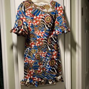 NWOT RHODE Ruffled Tan and Blue Mini Sheath Dress